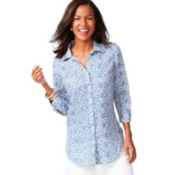 Talbots Blue & White Floral Linen Button Back Top Large - Picture 1 of 4